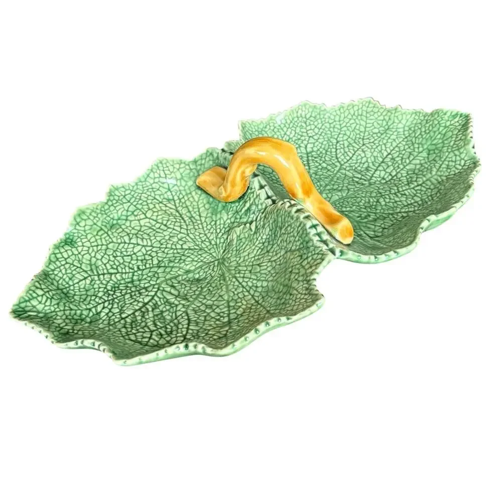 Bordallo Pinheiro Cabbage Leaf Double Dish Portugal Green Majolica Serving Tray